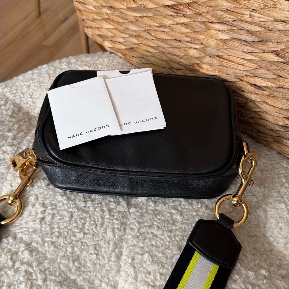 Marc Jacobs Black Leather Camera Bag with Neon Yellow Accent Strap - Picture 3 of 4